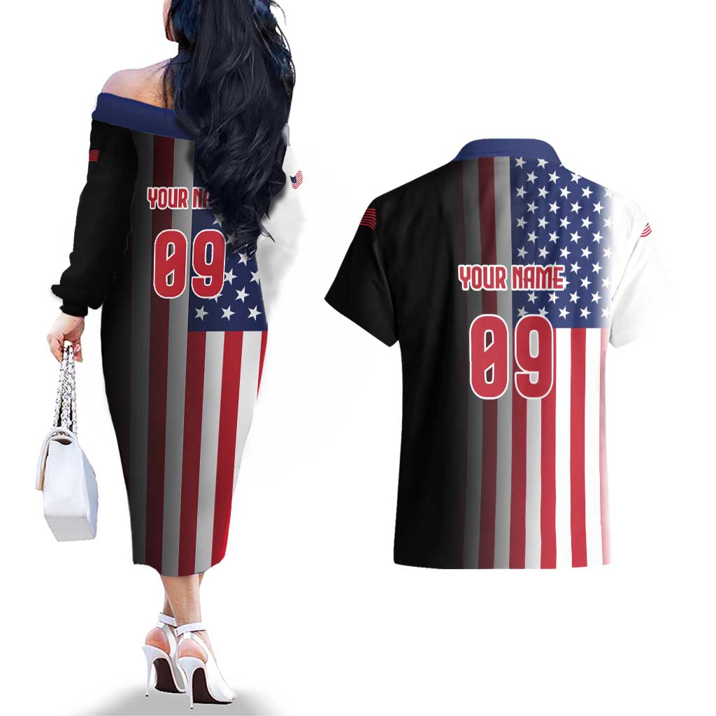 Custom Patriotic Eagle Motocross Couples Matching Off The Shoulder Long Sleeve Dress and Hawaiian Shirt with American Flag and Rider Design - Wonder Print Shop