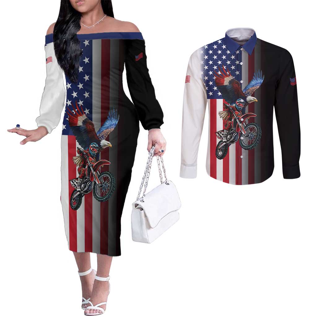 Custom Patriotic Eagle Motocross Couples Matching Off The Shoulder Long Sleeve Dress and Long Sleeve Button Shirt with American Flag and Rider Design - Wonder Print Shop