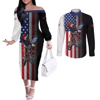 Custom Patriotic Eagle Motocross Couples Matching Off The Shoulder Long Sleeve Dress and Long Sleeve Button Shirt with American Flag and Rider Design - Wonder Print Shop