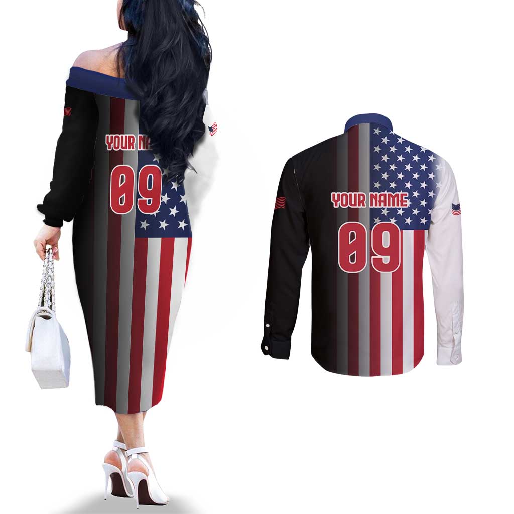 Custom Patriotic Eagle Motocross Couples Matching Off The Shoulder Long Sleeve Dress and Long Sleeve Button Shirt with American Flag and Rider Design - Wonder Print Shop