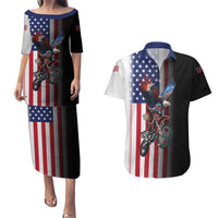 Custom Patriotic Eagle Motocross Couples Matching Puletasi and Hawaiian Shirt with American Flag and Rider Design - Wonder Print Shop