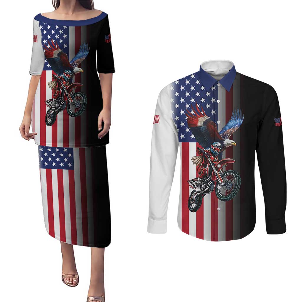 Custom Patriotic Eagle Motocross Couples Matching Puletasi and Long Sleeve Button Shirt with American Flag and Rider Design - Wonder Print Shop