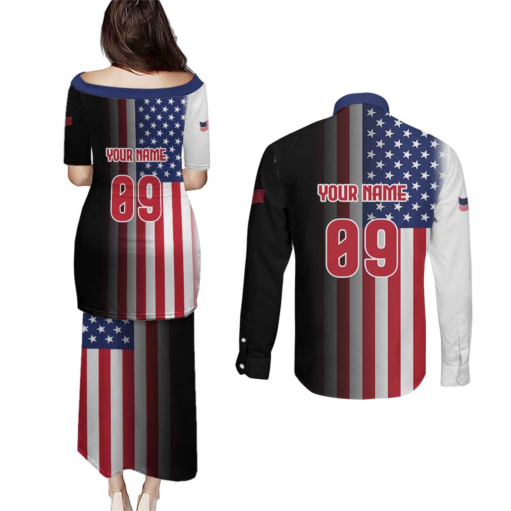 Custom Patriotic Eagle Motocross Couples Matching Puletasi and Long Sleeve Button Shirt with American Flag and Rider Design - Wonder Print Shop