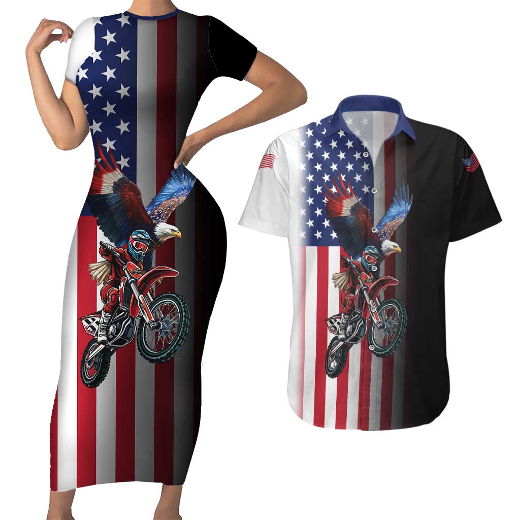 Custom Patriotic Eagle Motocross Couples Matching Short Sleeve Bodycon Dress and Hawaiian Shirt with American Flag and Rider Design - Wonder Print Shop