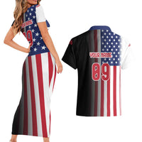 Custom Patriotic Eagle Motocross Couples Matching Short Sleeve Bodycon Dress and Hawaiian Shirt with American Flag and Rider Design - Wonder Print Shop
