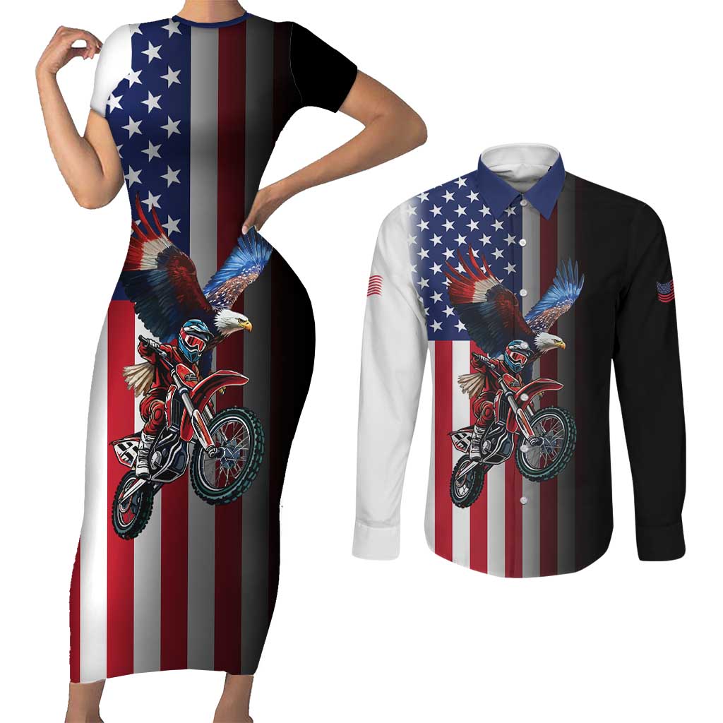 Custom Patriotic Eagle Motocross Couples Matching Short Sleeve Bodycon Dress and Long Sleeve Button Shirt with American Flag and Rider Design - Wonder Print Shop
