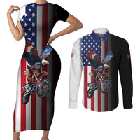 Custom Patriotic Eagle Motocross Couples Matching Short Sleeve Bodycon Dress and Long Sleeve Button Shirt with American Flag and Rider Design - Wonder Print Shop