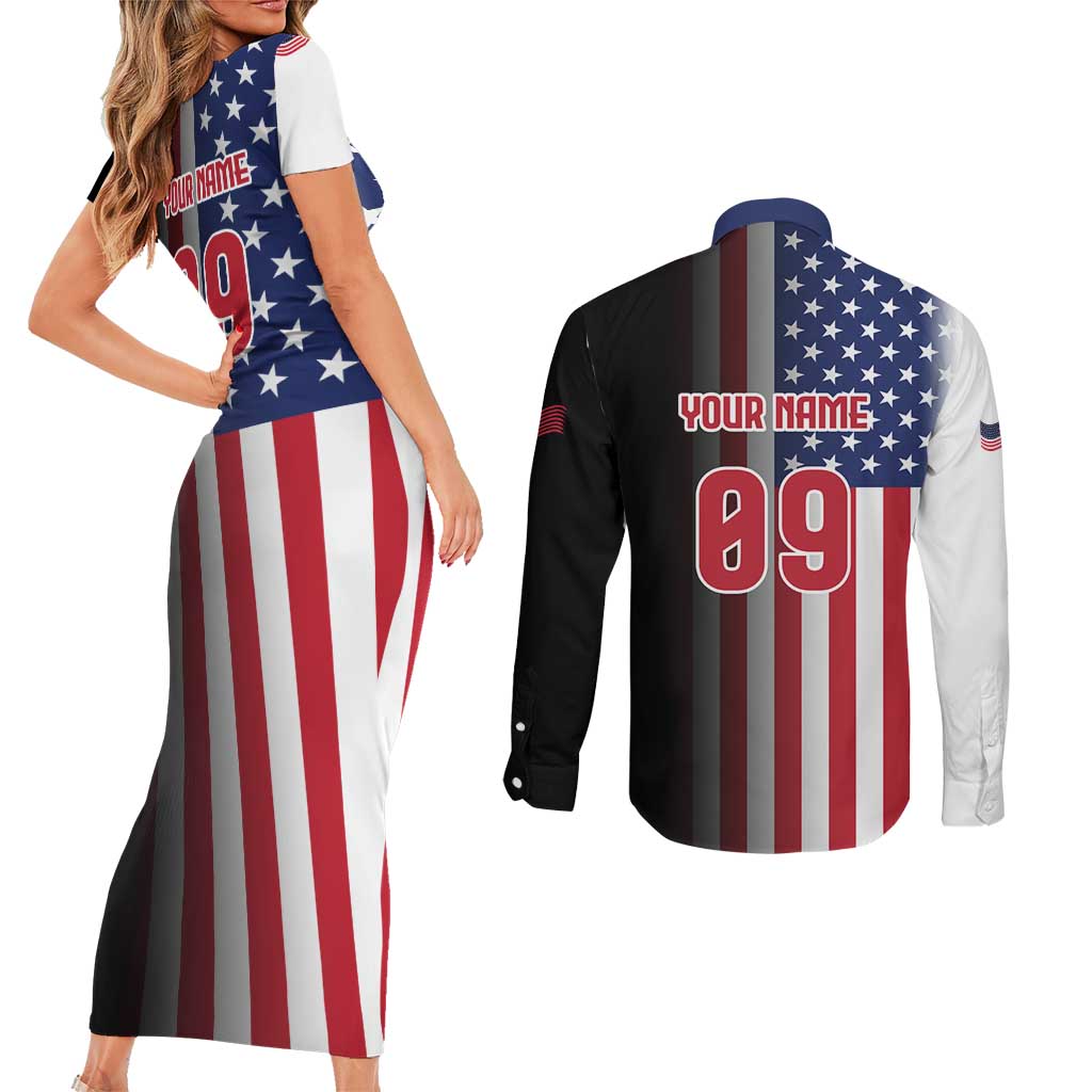 Custom Patriotic Eagle Motocross Couples Matching Short Sleeve Bodycon Dress and Long Sleeve Button Shirt with American Flag and Rider Design - Wonder Print Shop
