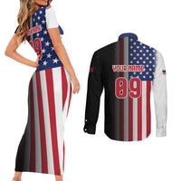Custom Patriotic Eagle Motocross Couples Matching Short Sleeve Bodycon Dress and Long Sleeve Button Shirt with American Flag and Rider Design - Wonder Print Shop