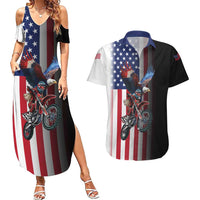 Custom Patriotic Eagle Motocross Couples Matching Summer Maxi Dress and Hawaiian Shirt with American Flag and Rider Design - Wonder Print Shop