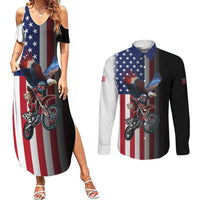 Custom Patriotic Eagle Motocross Couples Matching Summer Maxi Dress and Long Sleeve Button Shirt with American Flag and Rider Design - Wonder Print Shop