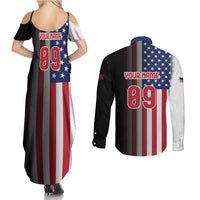 Custom Patriotic Eagle Motocross Couples Matching Summer Maxi Dress and Long Sleeve Button Shirt with American Flag and Rider Design - Wonder Print Shop