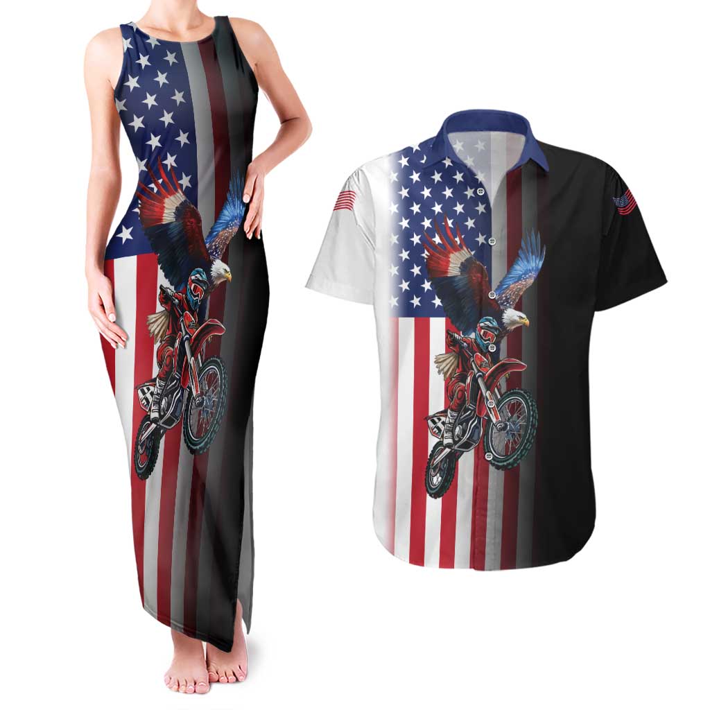 Custom Patriotic Eagle Motocross Couples Matching Tank Maxi Dress and Hawaiian Shirt with American Flag and Rider Design - Wonder Print Shop