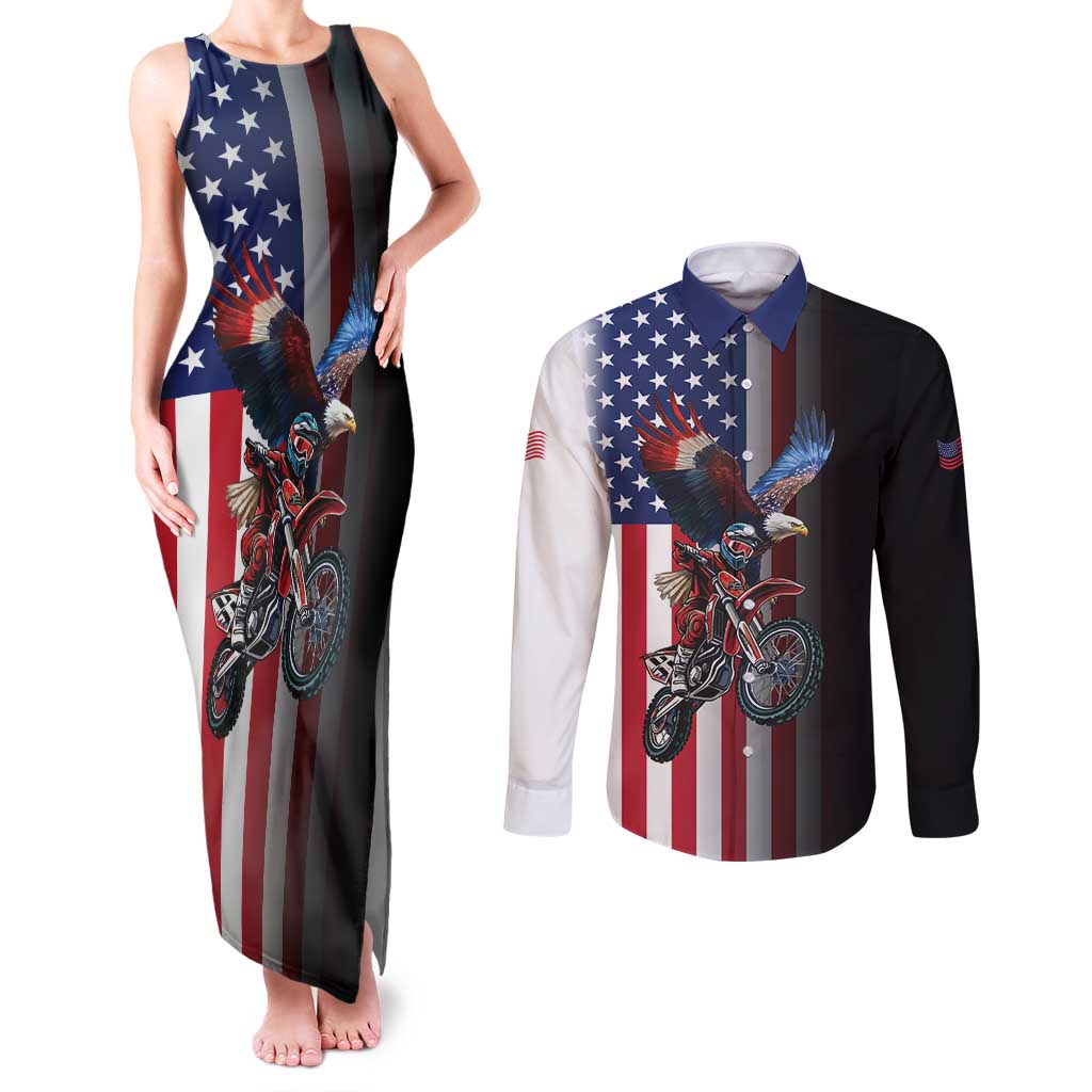 Custom Patriotic Eagle Motocross Couples Matching Tank Maxi Dress and Long Sleeve Button Shirt with American Flag and Rider Design - Wonder Print Shop