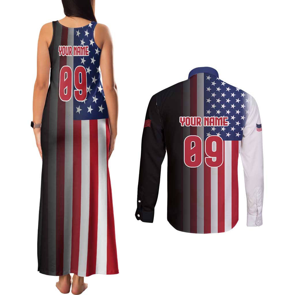 Custom Patriotic Eagle Motocross Couples Matching Tank Maxi Dress and Long Sleeve Button Shirt with American Flag and Rider Design - Wonder Print Shop