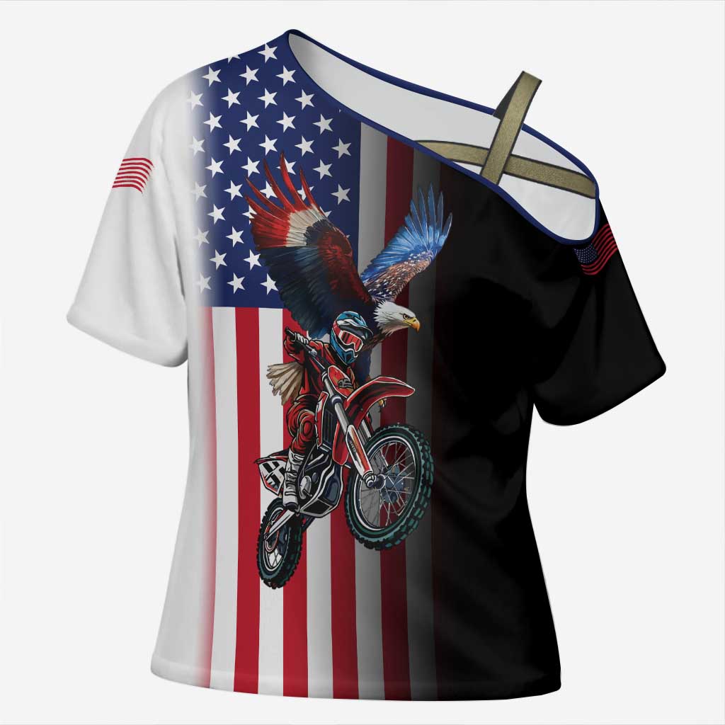 Custom Patriotic Eagle Motocross Cross Shoulder Shirt with American Flag and Rider Design - Wonder Print Shop