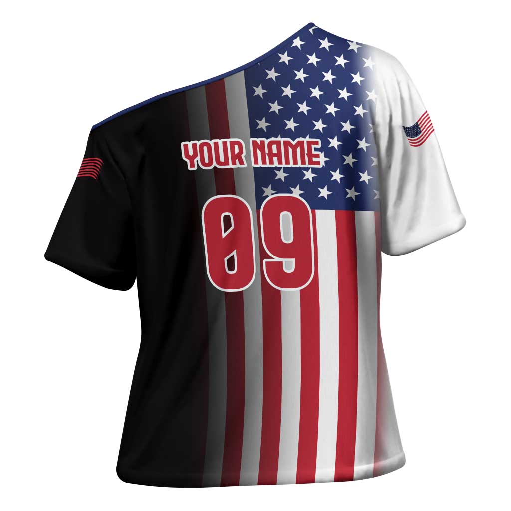 Custom Patriotic Eagle Motocross Cross Shoulder Shirt with American Flag and Rider Design - Wonder Print Shop
