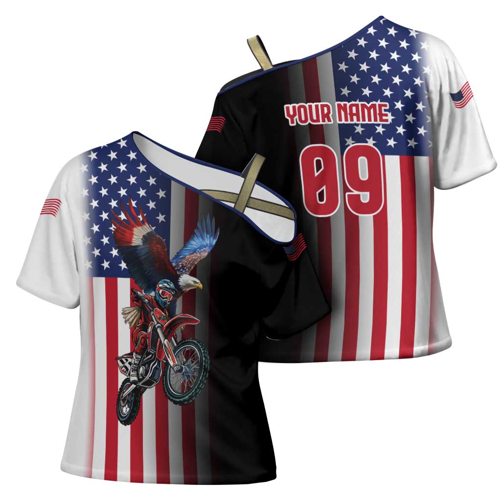 Custom Patriotic Eagle Motocross Cross Shoulder Shirt with American Flag and Rider Design - Wonder Print Shop