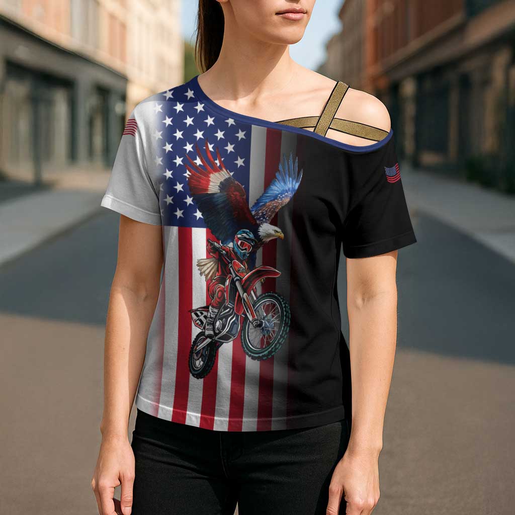 Custom Patriotic Eagle Motocross Cross Shoulder Shirt with American Flag and Rider Design - Wonder Print Shop