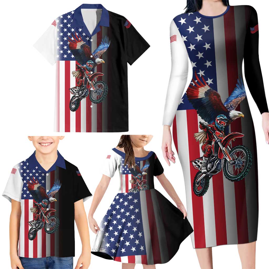 Custom Patriotic Eagle Motocross Family Matching Long Sleeve Bodycon Dress and Hawaiian Shirt with American Flag and Rider Design - Wonder Print Shop