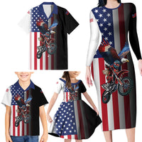 Custom Patriotic Eagle Motocross Family Matching Long Sleeve Bodycon Dress and Hawaiian Shirt with American Flag and Rider Design - Wonder Print Shop