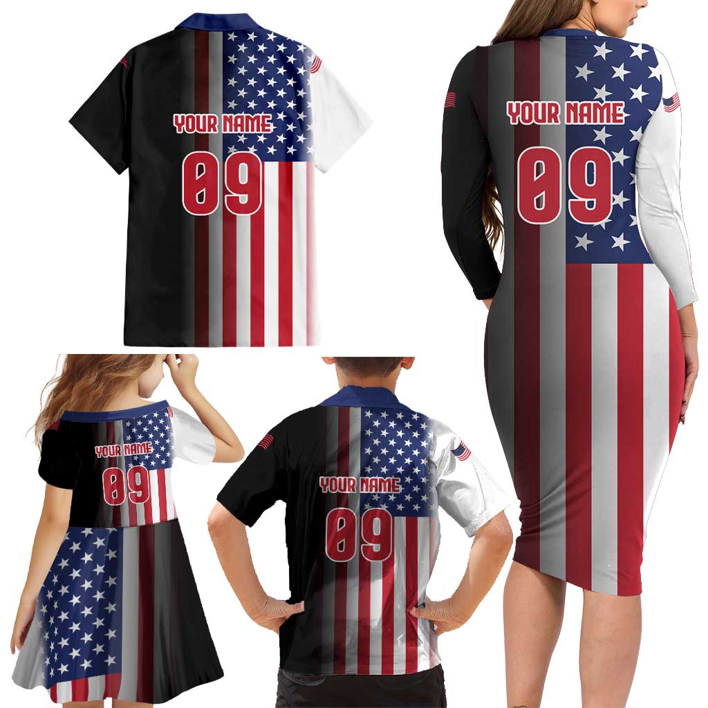 Custom Patriotic Eagle Motocross Family Matching Long Sleeve Bodycon Dress and Hawaiian Shirt with American Flag and Rider Design - Wonder Print Shop