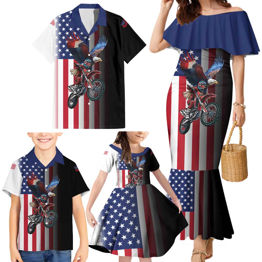 Custom Patriotic Eagle Motocross Family Matching Mermaid Dress and Hawaiian Shirt with American Flag and Rider Design - Wonder Print Shop
