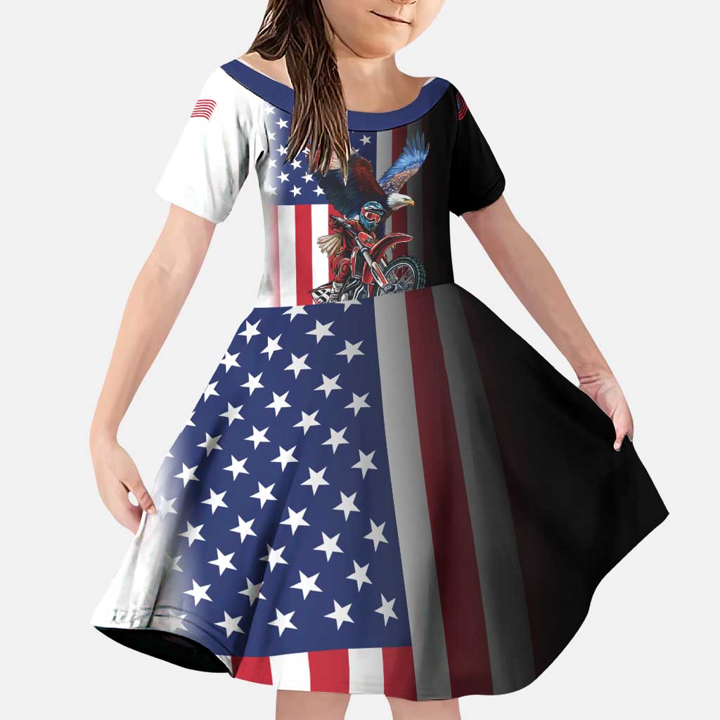 Custom Patriotic Eagle Motocross Family Matching Off The Shoulder Long Sleeve Dress and Hawaiian Shirt with American Flag and Rider Design - Wonder Print Shop