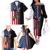 Custom Patriotic Eagle Motocross Family Matching Off The Shoulder Long Sleeve Dress and Hawaiian Shirt with American Flag and Rider Design - Wonder Print Shop