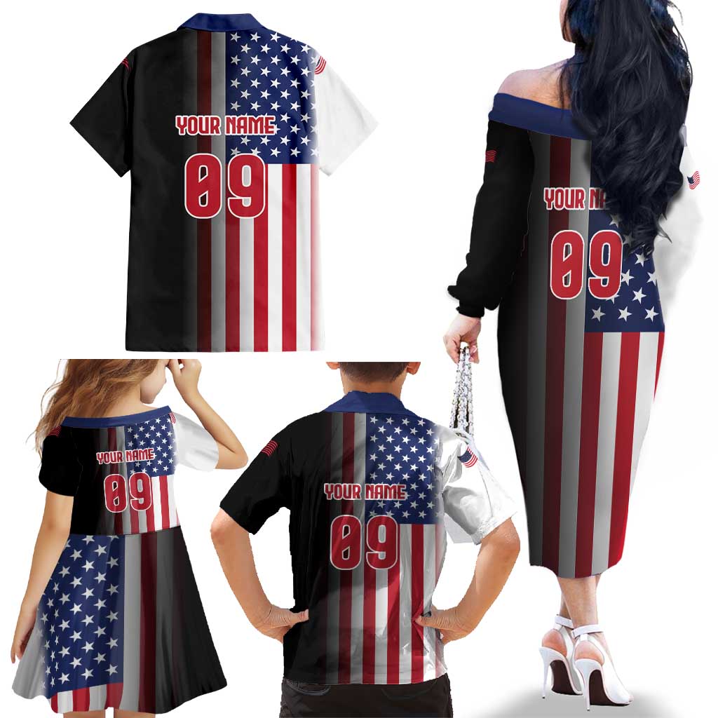 Custom Patriotic Eagle Motocross Family Matching Off The Shoulder Long Sleeve Dress and Hawaiian Shirt with American Flag and Rider Design - Wonder Print Shop