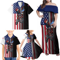 Custom Patriotic Eagle Motocross Family Matching Off Shoulder Maxi Dress and Hawaiian Shirt with American Flag and Rider Design - Wonder Print Shop