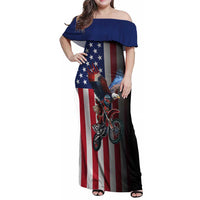 Custom Patriotic Eagle Motocross Family Matching Off Shoulder Maxi Dress and Hawaiian Shirt with American Flag and Rider Design - Wonder Print Shop