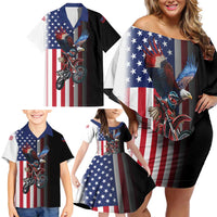 Custom Patriotic Eagle Motocross Family Matching Off Shoulder Short Dress and Hawaiian Shirt with American Flag and Rider Design - Wonder Print Shop