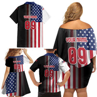 Custom Patriotic Eagle Motocross Family Matching Off Shoulder Short Dress and Hawaiian Shirt with American Flag and Rider Design - Wonder Print Shop
