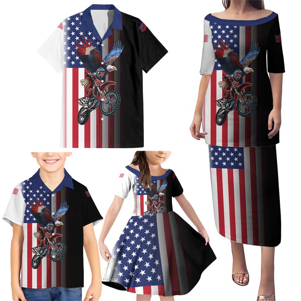 Custom Patriotic Eagle Motocross Family Matching Puletasi and Hawaiian Shirt with American Flag and Rider Design - Wonder Print Shop