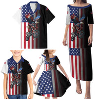 Custom Patriotic Eagle Motocross Family Matching Puletasi and Hawaiian Shirt with American Flag and Rider Design - Wonder Print Shop