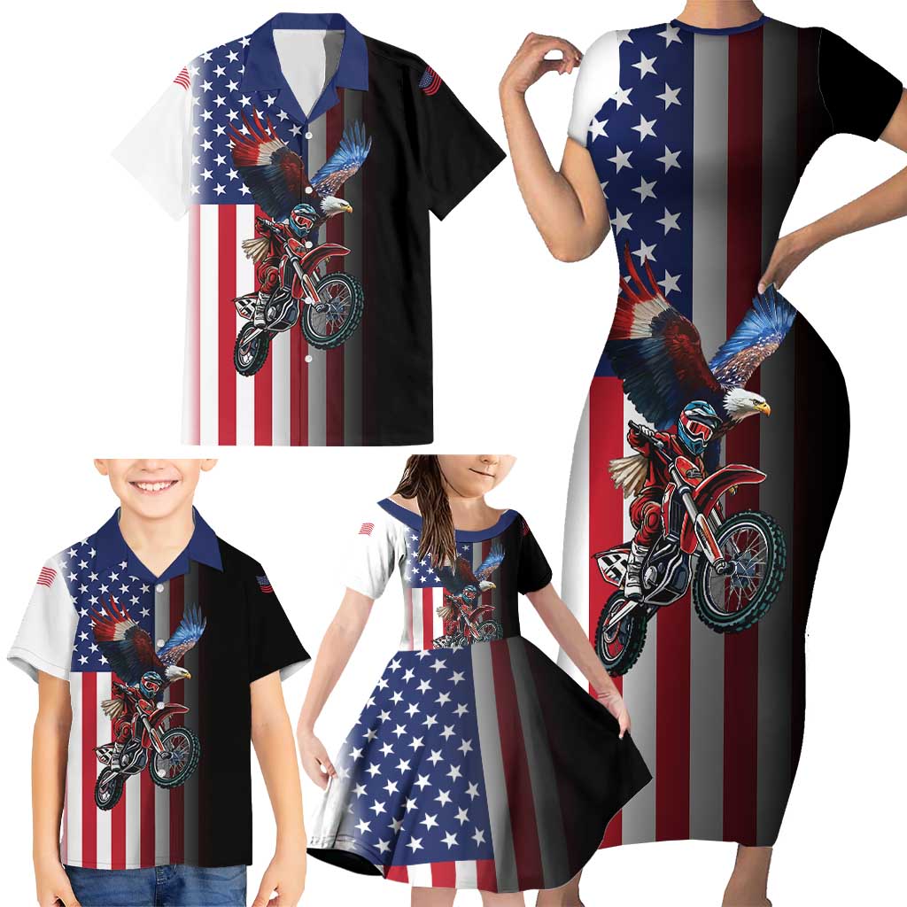 Custom Patriotic Eagle Motocross Family Matching Short Sleeve Bodycon Dress and Hawaiian Shirt with American Flag and Rider Design - Wonder Print Shop