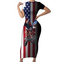 Custom Patriotic Eagle Motocross Family Matching Short Sleeve Bodycon Dress and Hawaiian Shirt with American Flag and Rider Design - Wonder Print Shop