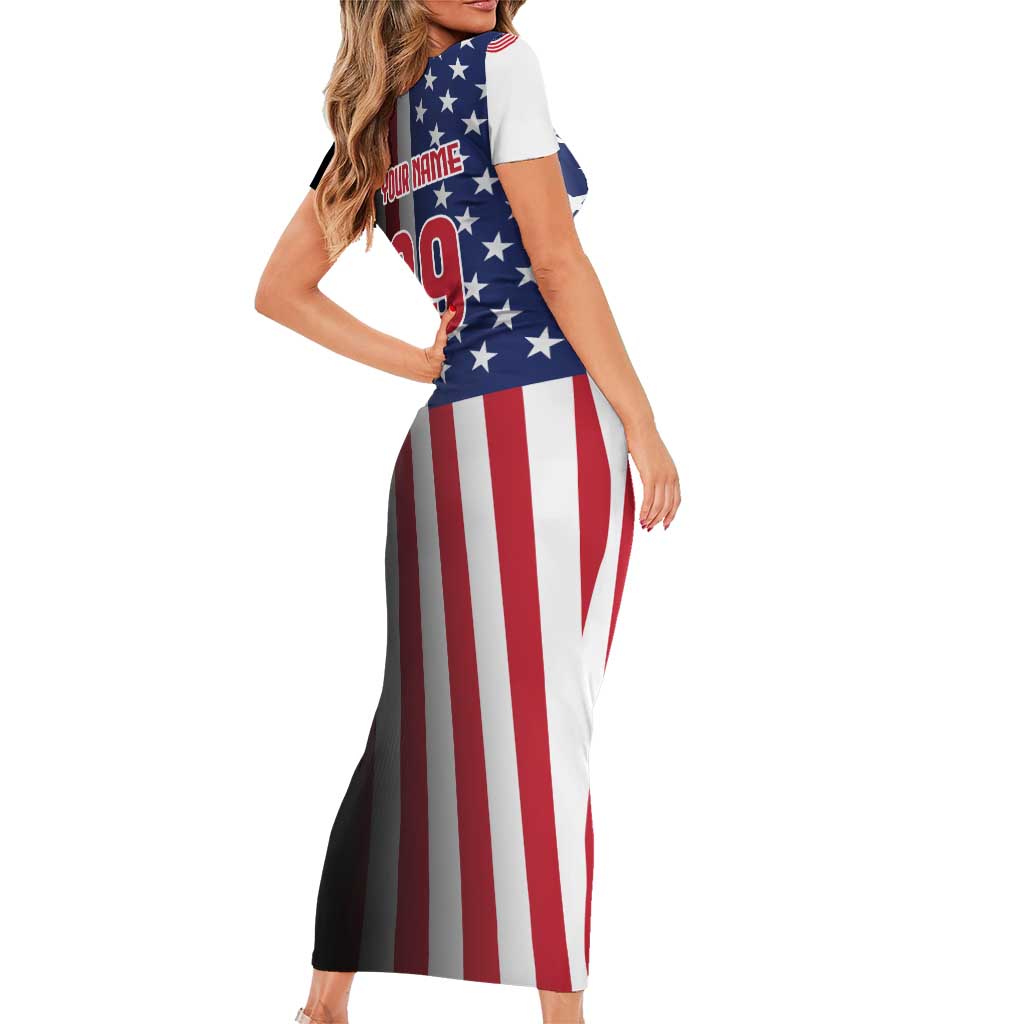Custom Patriotic Eagle Motocross Family Matching Short Sleeve Bodycon Dress and Hawaiian Shirt with American Flag and Rider Design - Wonder Print Shop