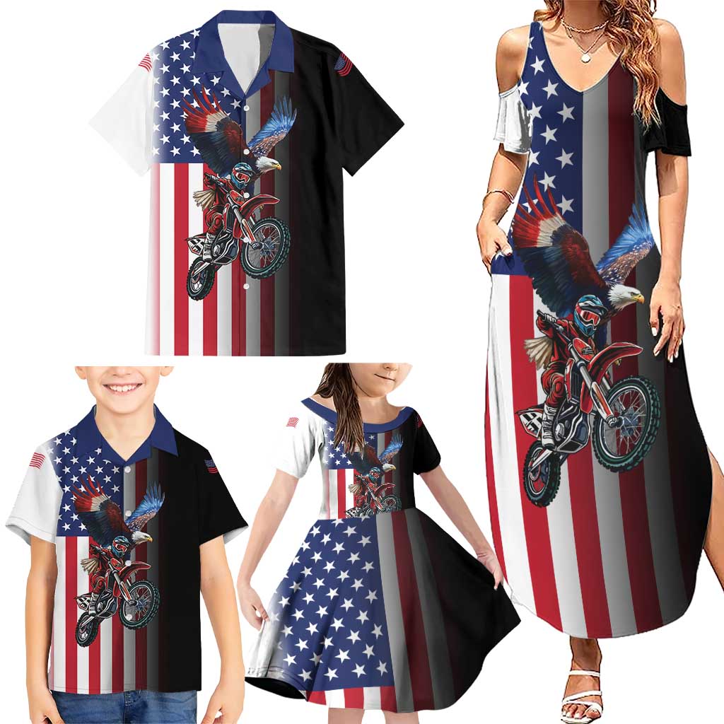 Custom Patriotic Eagle Motocross Family Matching Summer Maxi Dress and Hawaiian Shirt with American Flag and Rider Design - Wonder Print Shop