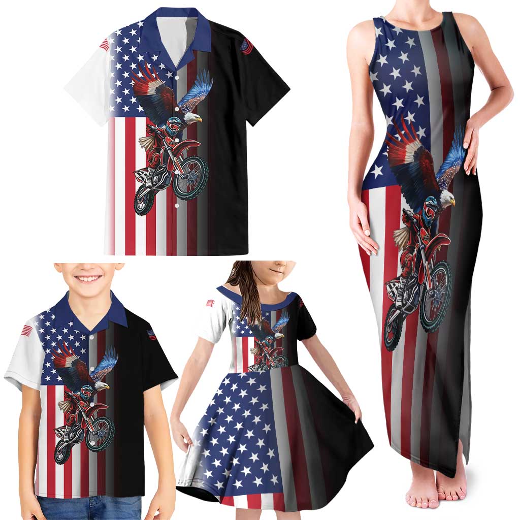 Custom Patriotic Eagle Motocross Family Matching Tank Maxi Dress and Hawaiian Shirt with American Flag and Rider Design - Wonder Print Shop