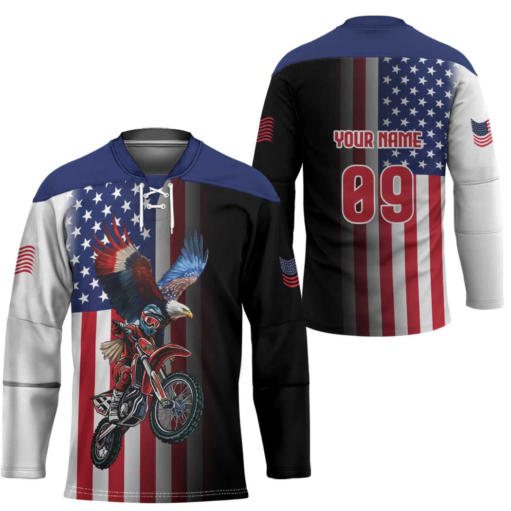 Custom Patriotic Eagle Motocross Hockey Jersey with American Flag and Rider Design - Wonder Print Shop