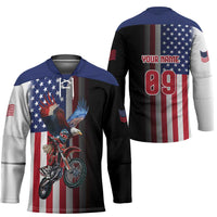 Custom Patriotic Eagle Motocross Hockey Jersey with American Flag and Rider Design - Wonder Print Shop