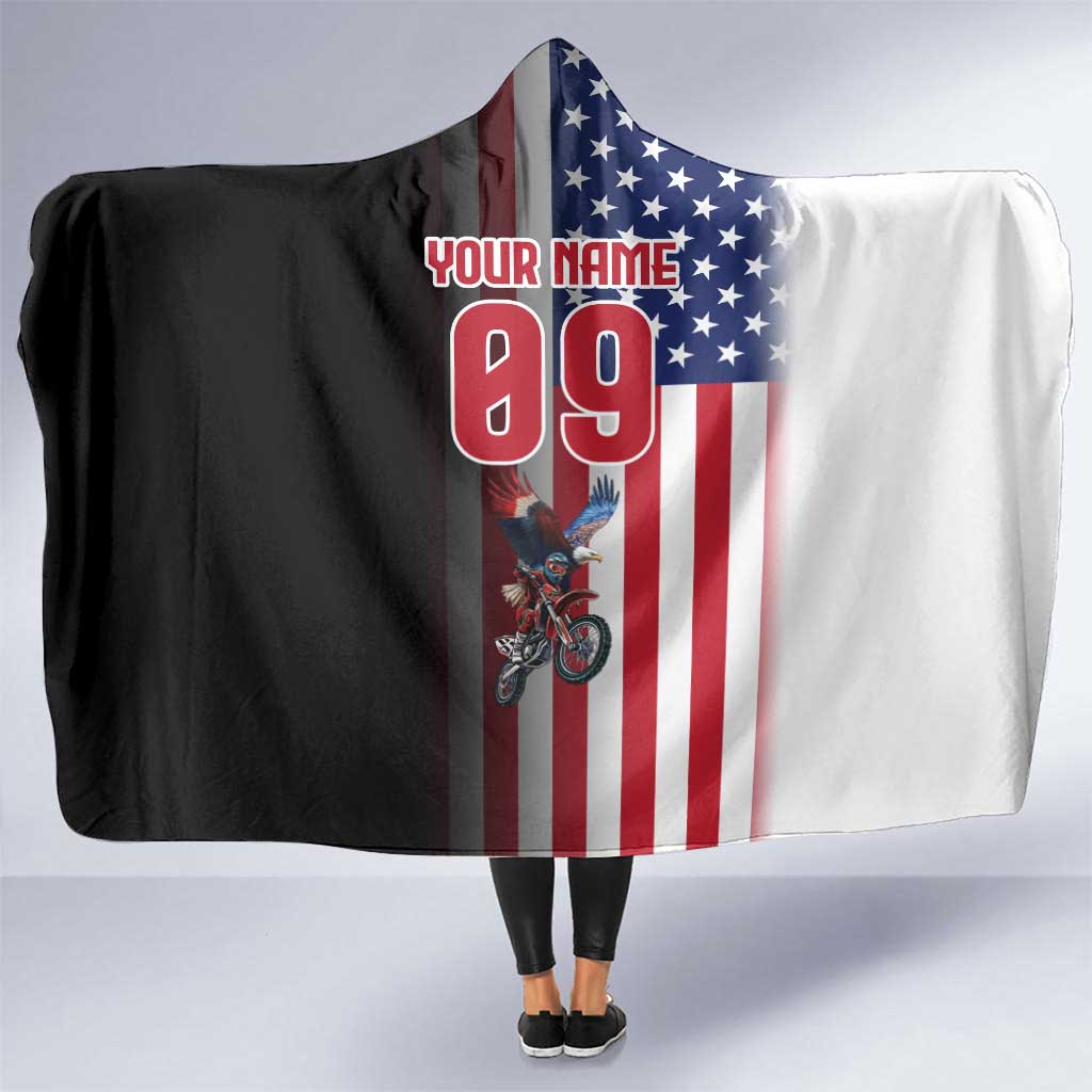 Custom Patriotic Eagle Motocross Hooded Blanket with American Flag and Rider Design - Wonder Print Shop