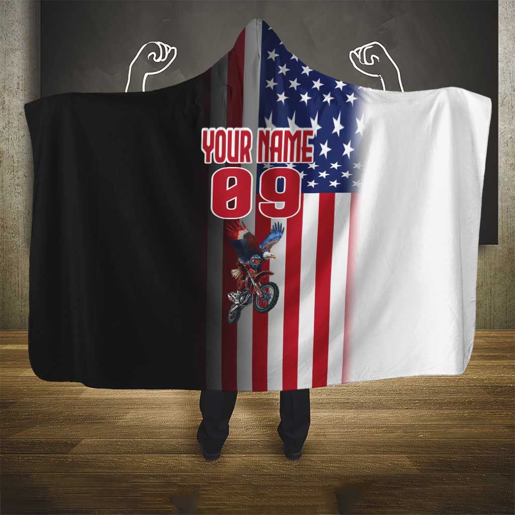 Custom Patriotic Eagle Motocross Hooded Blanket with American Flag and Rider Design - Wonder Print Shop