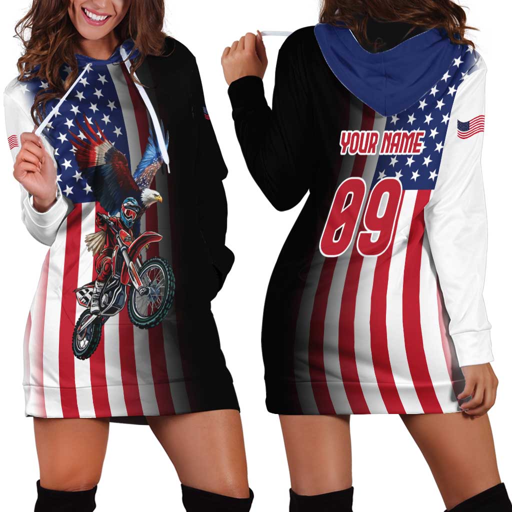 Custom Patriotic Eagle Motocross Hoodie Dress with American Flag and Rider Design - Wonder Print Shop