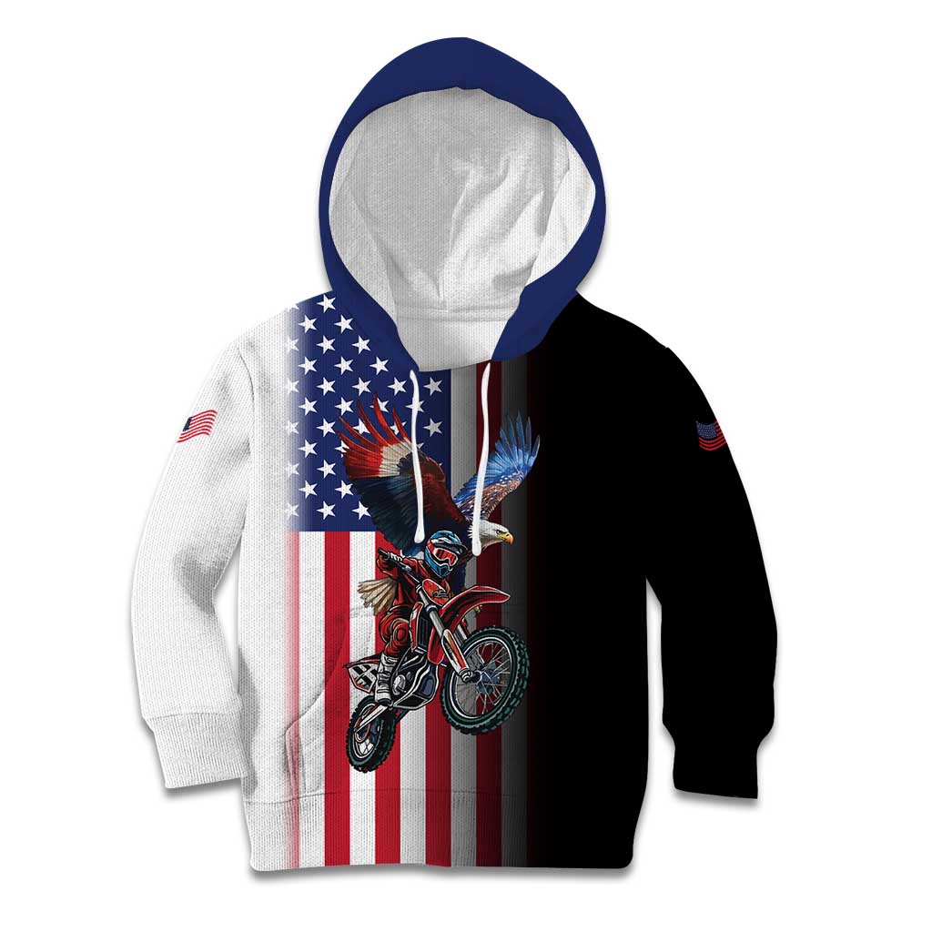 Custom Patriotic Eagle Motocross Kid Hoodie with American Flag and Rider Design - Wonder Print Shop