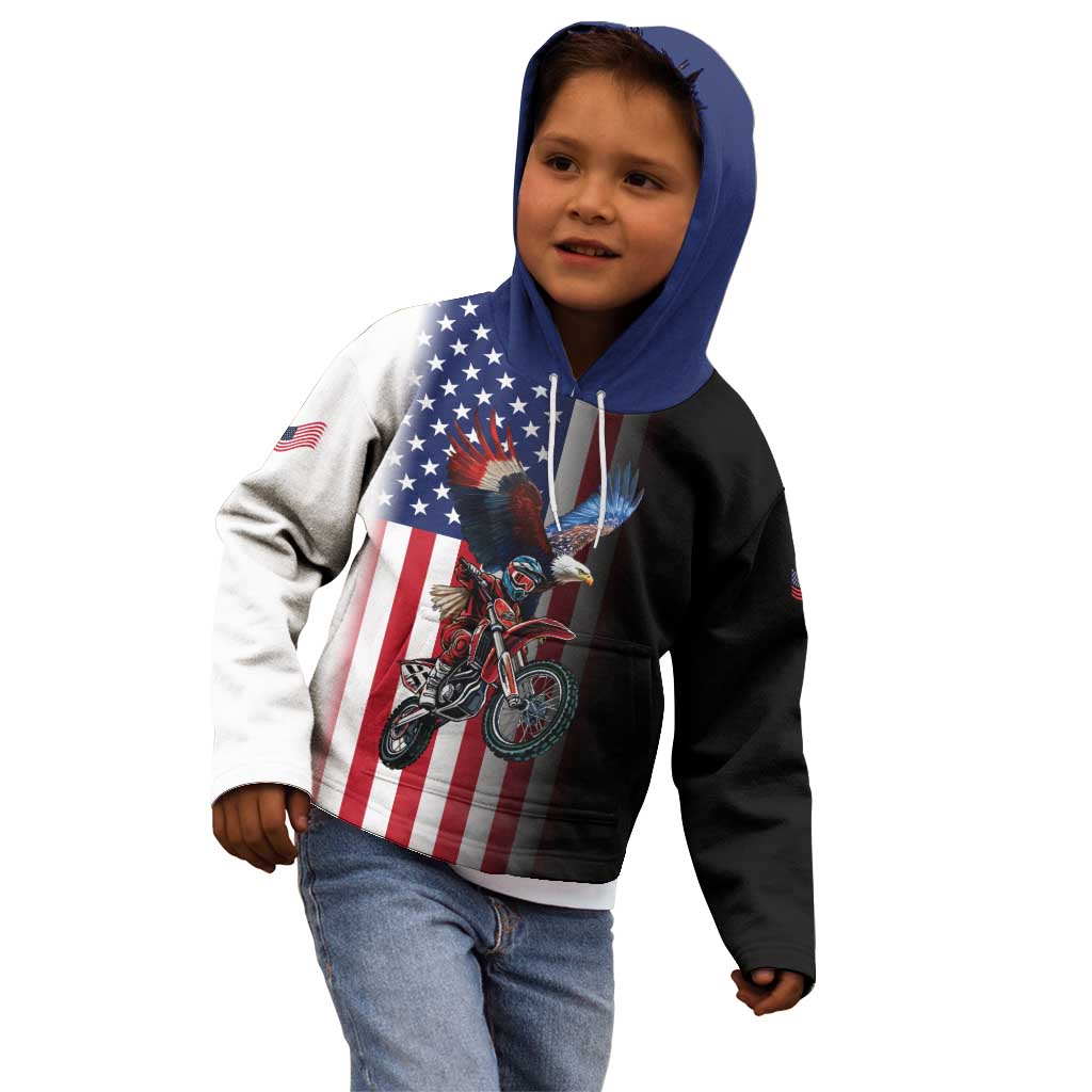 Custom Patriotic Eagle Motocross Kid Hoodie with American Flag and Rider Design - Wonder Print Shop