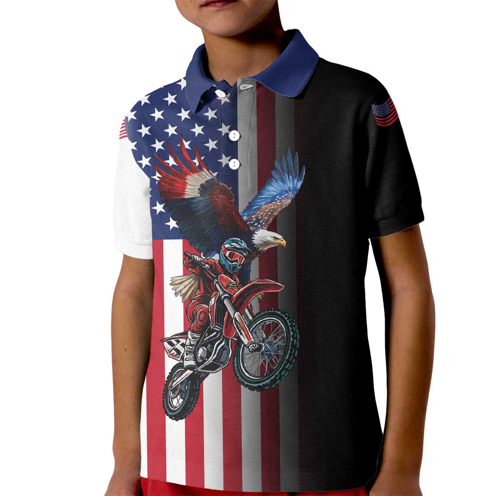 Custom Patriotic Eagle Motocross Kid Polo Shirt with American Flag and Rider Design - Wonder Print Shop