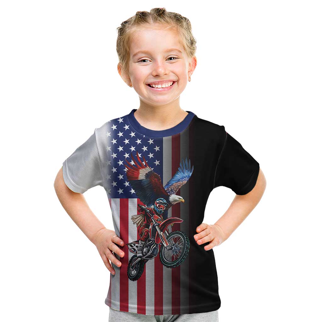 Custom Patriotic Eagle Motocross Kid T Shirt with American Flag and Rider Design - Wonder Print Shop
